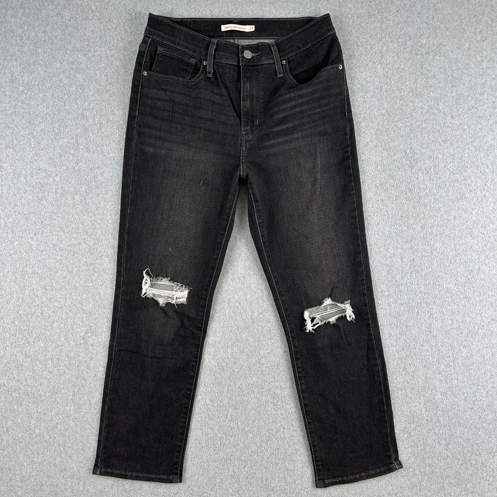Levi's Jeans Women 29 Black 724 High Rise Straight‎ Distressed Denim Whiskering